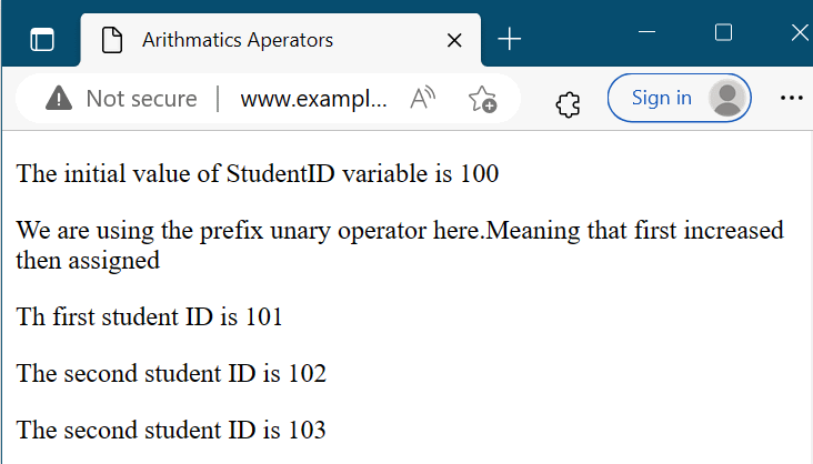 prefix increment unary operator browser result